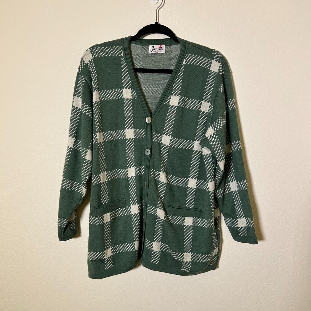 Vintage Green Plaid Marino Wool Cardigan